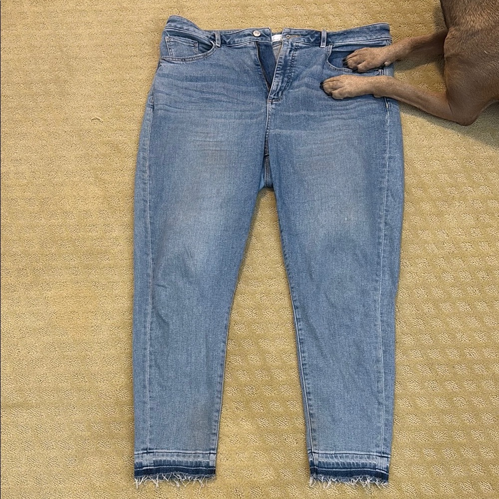LOFT Blue Skinny Jeans with Cropped Length and Distressed Hem